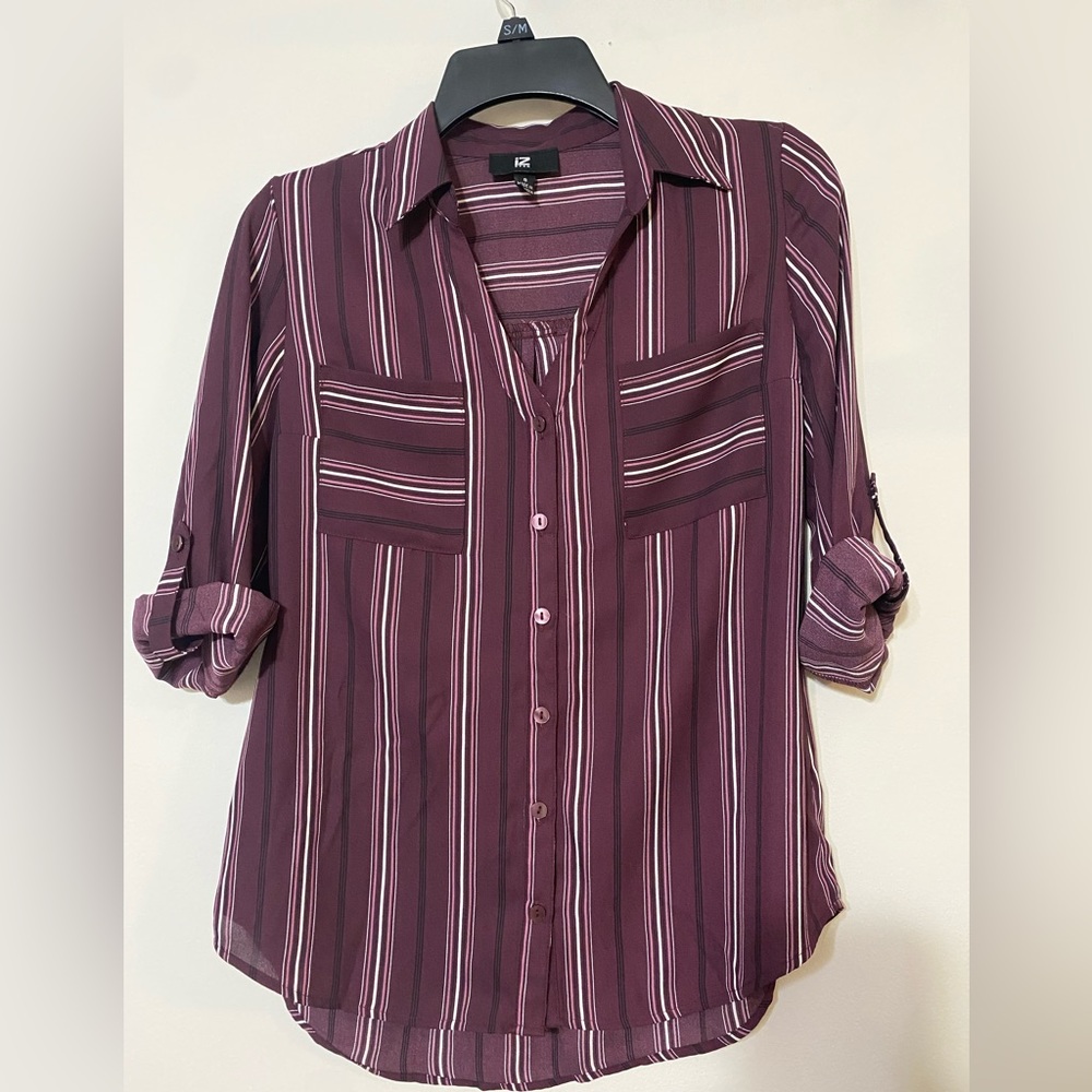 Striped Burgundy Office Business Casual Work Blouse